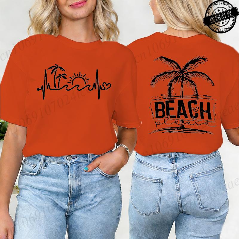 Summer Beach The Beach Is My Happy Place Graphic T Shirts Women Casual Short Sleeve O Neck Loose Fit Ladies Vacation Tee Tops