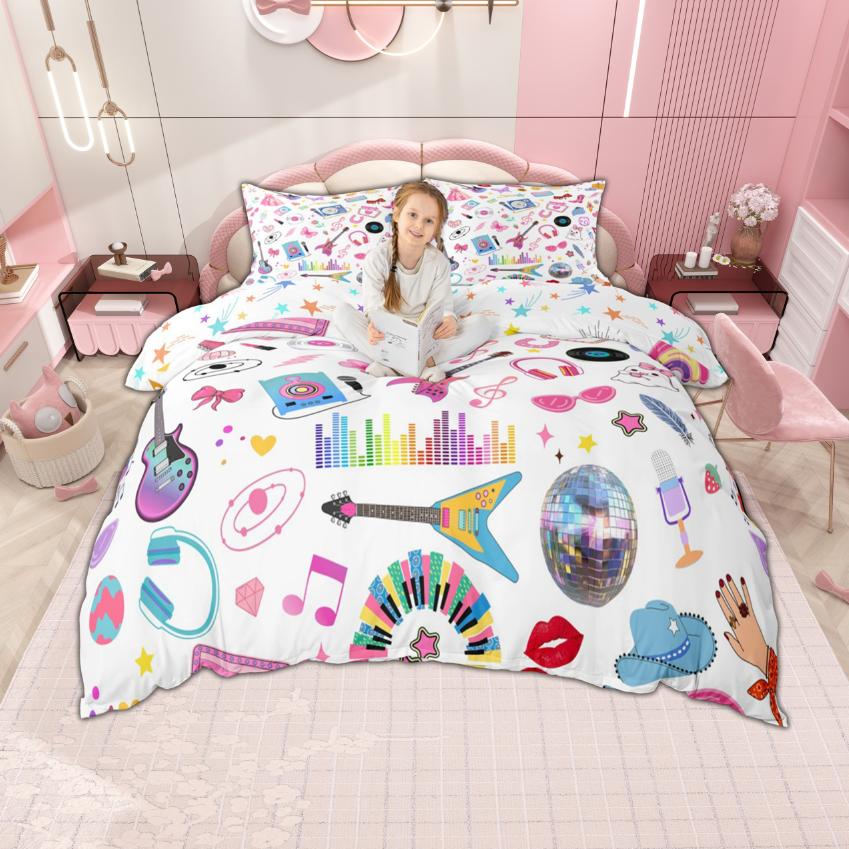 Homewish Colorful Guitar Duvet Cover Set For Girls Pop Music Star Bedding Disco Ball Headset Print Bed Cover Set