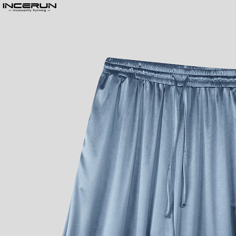 INCERUN Men's Elastic Waist Smooth Shiny Long Wide Legs Pants Trousers and White Semi-Sheer