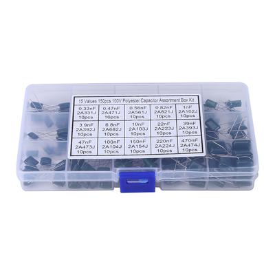 150pcs 100V 15 Value 0.33nF470nF Polyester Film Capacitors Assortment Kit Box