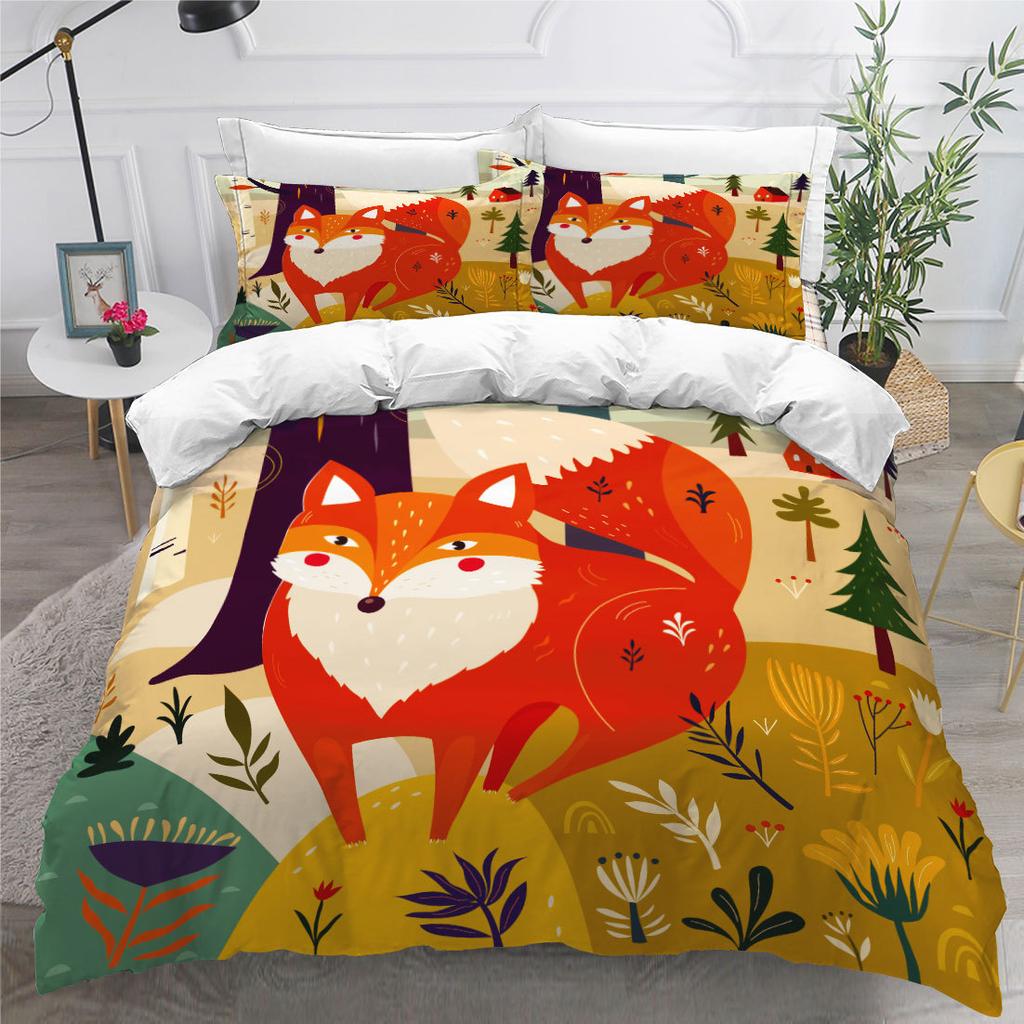 Cute Cartoon 3D Red Fox Digital Printing Three-Piece Set Size Quilt Cover Pillowcase