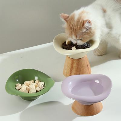 New Cat High-leg Wooden Seat Ceramic Bowl To Protect Cervical Vertebra  Dog Bowl  Dog Rice Bowl  Cat Food Bowl To Prevent Overturning  Drinking Bowl