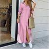 Moda donna primavera autunno tinta unita stampa manica lunga scollo a V vita larga abiti casual