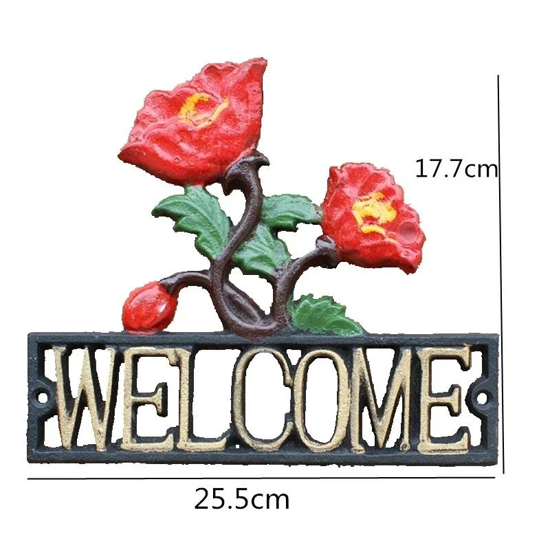 

Red Rose Metal Ironwork Welcome Decorative Plaques Retro Style Outdoor Courtyard Doorplate Home Garden Hanging Decorations