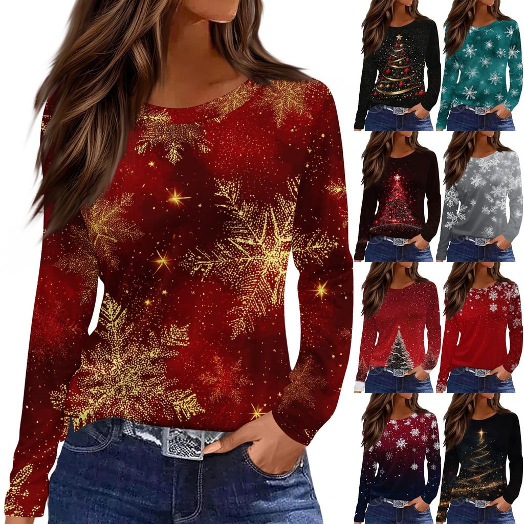 Women's Fashion Casual Slit Hem Round Neck Long Sleeve Loose Christmas Printed T-Shirt Ladies Top