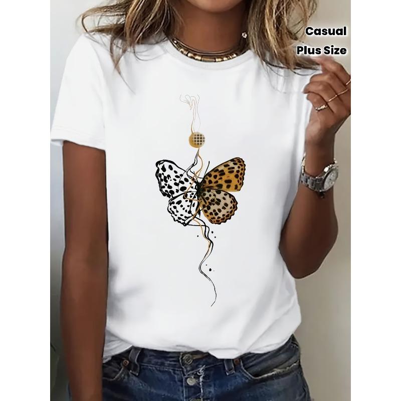 European sizes Butterfly Print Crew Neck T-Shirt, Casual Short Sleeve T-Shirt For Spring & Summer, Women's Plus Size Clothing