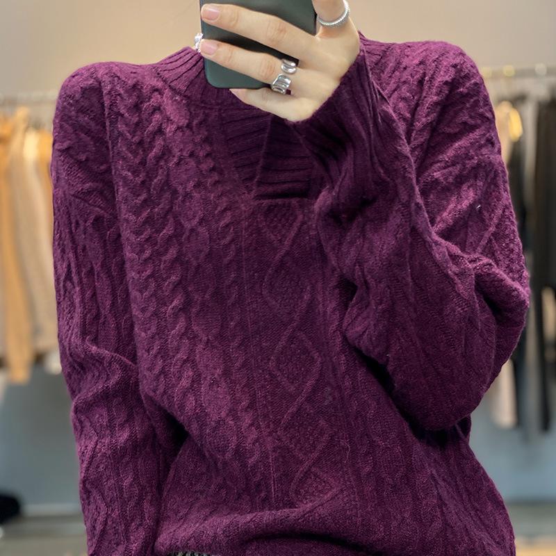 Dámský retro kašmírový svetr s argyle vzorem a výstřihem do V - Všestranný pletený pulovr s copánkovým vzorem na podzim/zimu