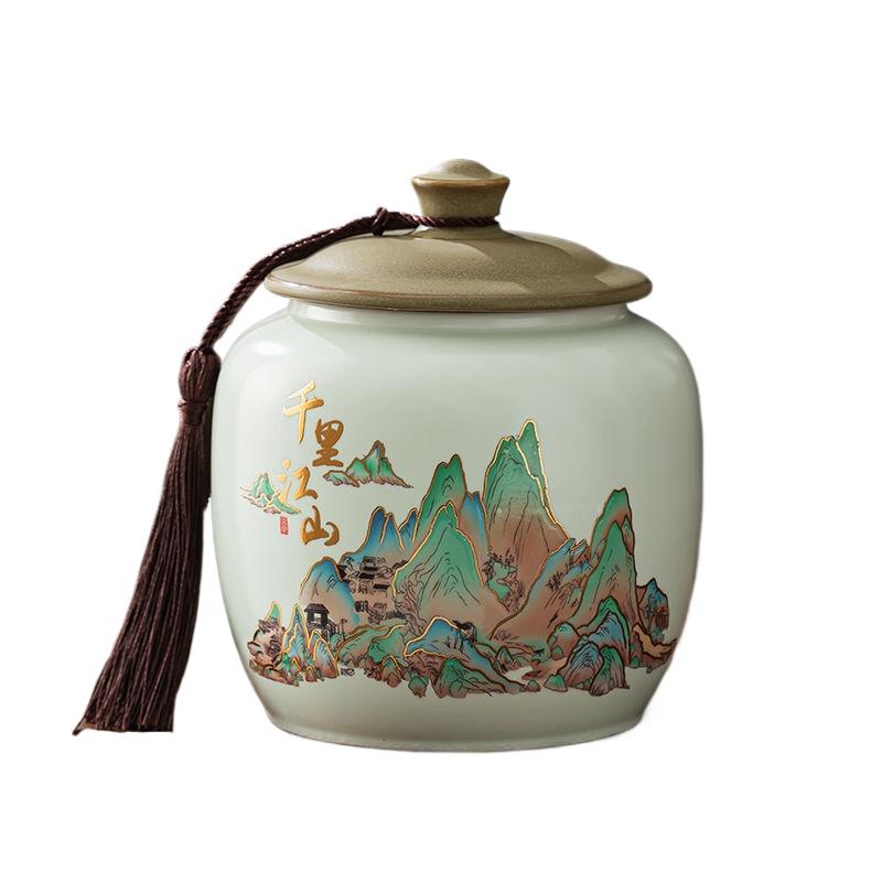Creative Painted Mountain Pattern Ceramic Tea Jar Large Capacity Sealed Moisture-proof Storage Jar Coffee Beans Candy Food Jar