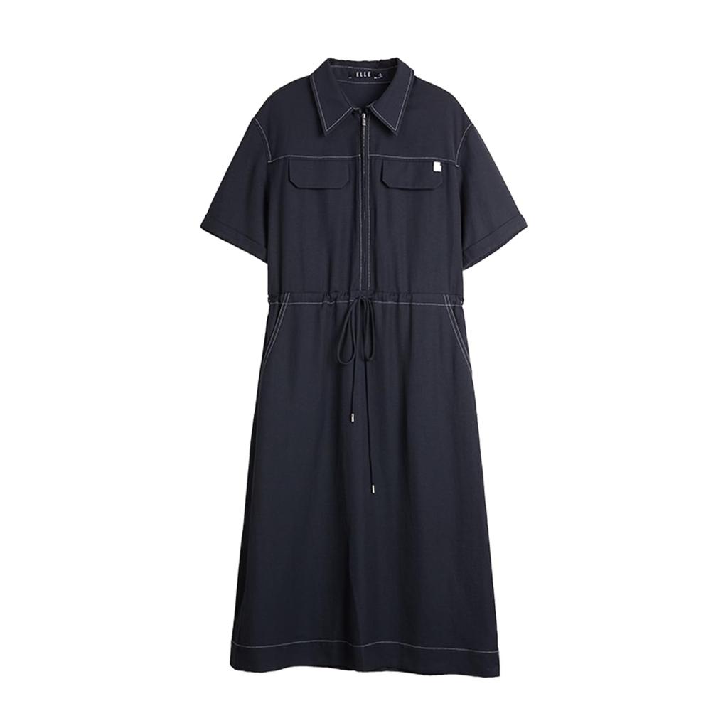 Midi Office Navy [ELLE] Women's Short-Sleeved Dress, Summer, Stylish, Casual, Commuting, Waist-Defining, Elegant,
