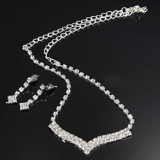 Fashion Women Lady Rhinestone Stud Earring Necklace Wedding Bridal Jewelry Set