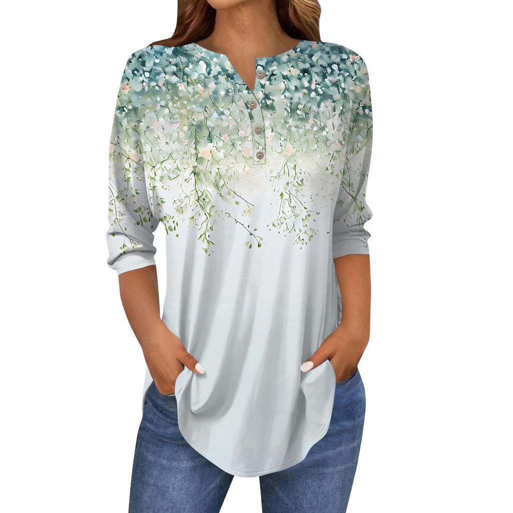 3/4 Length Sleeve Womens Tops Summer T-Shirts Floral Print V Neck Casual Basic Tee Button Shirts Tunic Tops