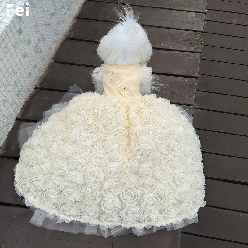 Chic Plush White Rose Pet Wedding Dress, Long Train Outfit, Pet Dog Cat Supplies Choice for Small Dog Birthday Photography