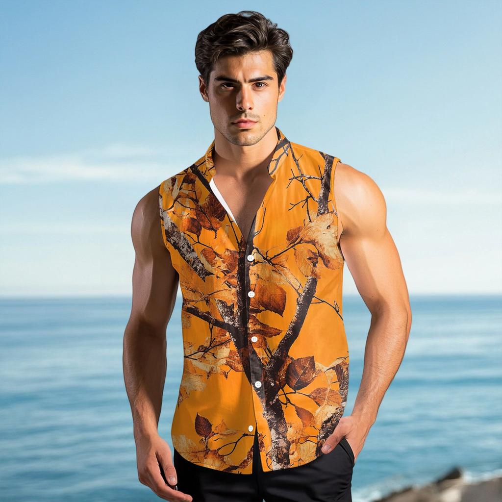 Herr Mode Tryckt Ärmlös Revers Knäppskjorta Väst Topp