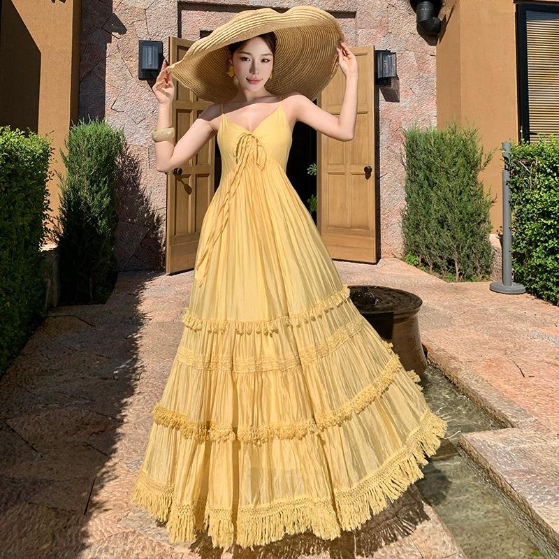 French Beautiful Yellow Skirt Collar Suspender Dress Women's Summer Seaside Vacation Elegant Fairy Big Swing Dress