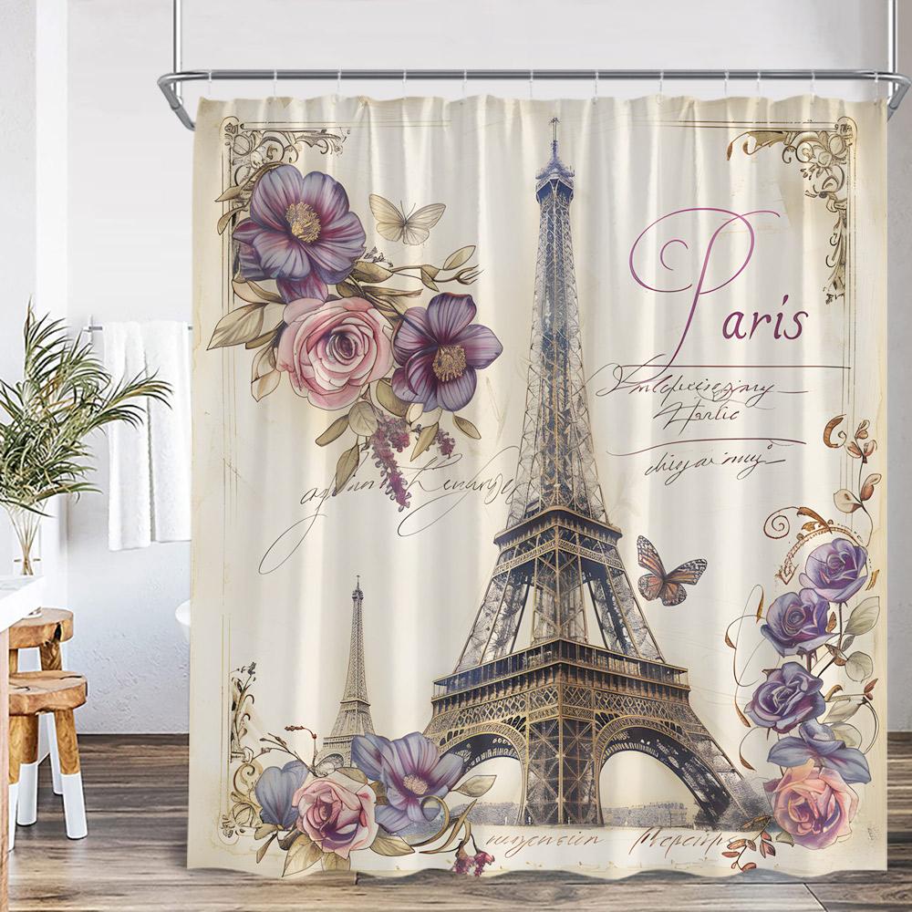 Paris Eiffel Tower Vintage Shower Curtain Purple Flower Old Newspaper Pattern Bathroom Decor Retro Bathtub Curtain with Hook