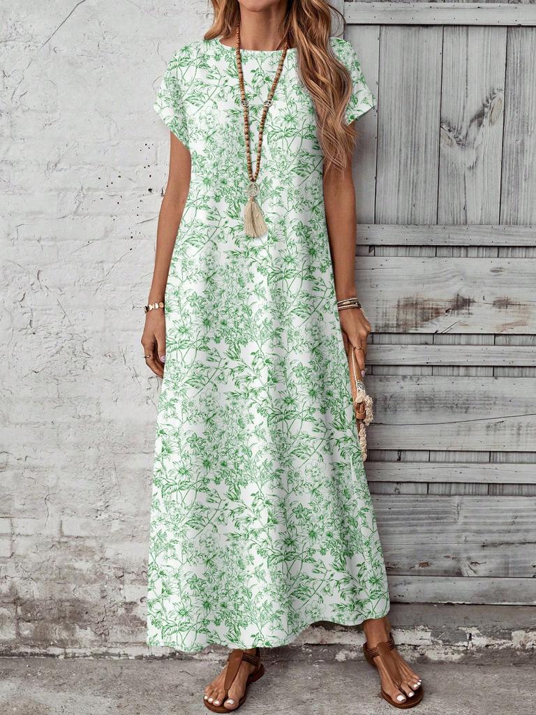 Casual Versatile Patterned Summer Dress For Women,Casual Women's Dresses Short Sleeve Modest Bohemian Maxi Floral Print