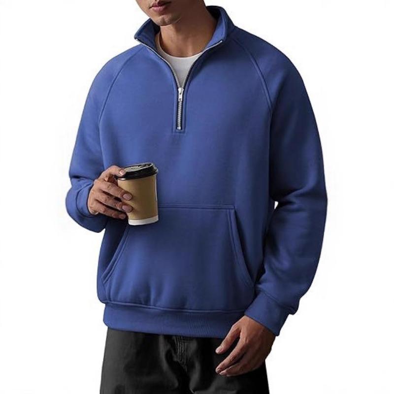 Men S Fleece Lined Hoodless Raglan Sleeve Half Zip Stand Collar Sweatshirt