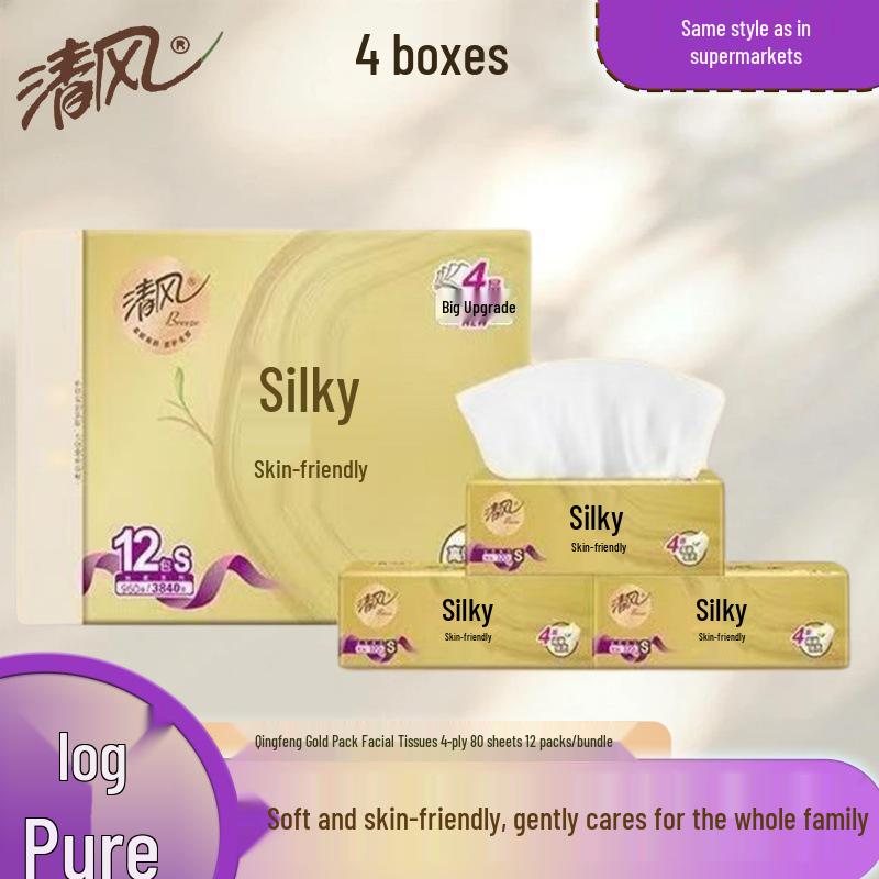 Gold Silk Soft Breeze 4-Ply Facial Tissue, Skin-Friendly, 80 Sheets Per Pack, 12 Packs Per Bundle