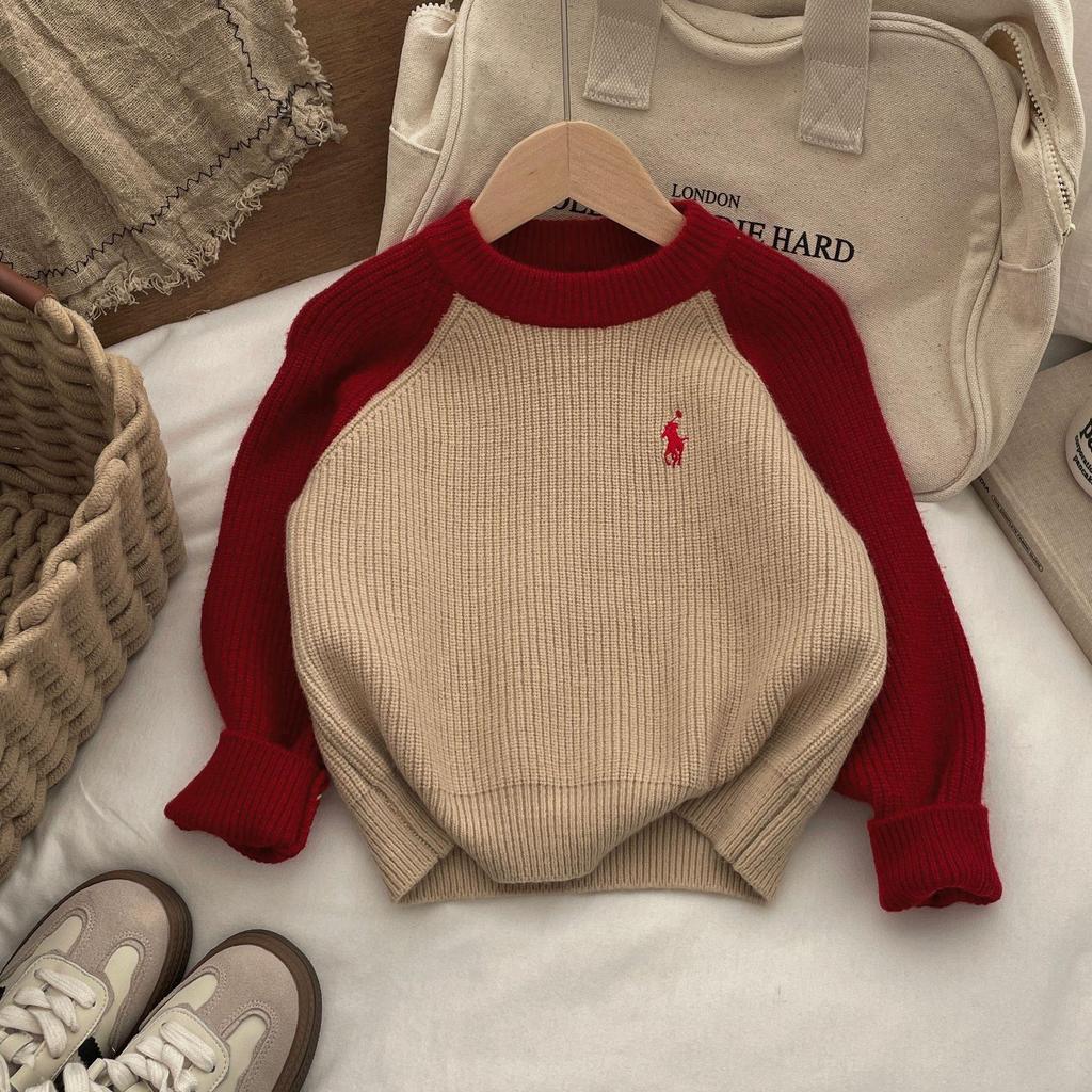 2024 Autumn/Winter Kids' Color Block Round Neck Sweaters: Korean Style Thick Pullover for Boys and Girls Trend