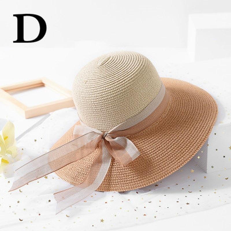 FashionTwo-color Patchwork Striped Bowknot Summer Sun Hat Women Straw Beach Hat Large Brimmed Hat