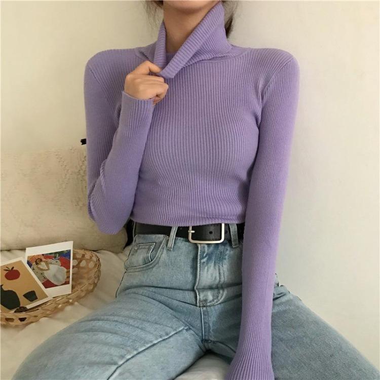 

Women Fashion Slim Fit Turtleneck Pullover Sweater Long Sleeve Tight Jumper Top Solid Color Autumn Winter Warm One Size темно-фіолетовий колір