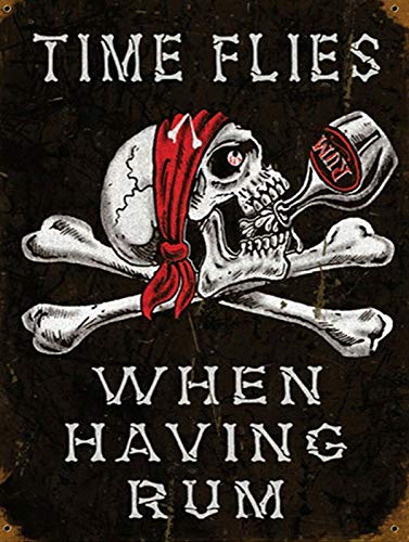 HD Metal Tin Sign Time Flies When Having Rum Pirate Skull Wall Art Retro Bar Pub Man Cave Decor 20x30cm(7.8x11.8inch)