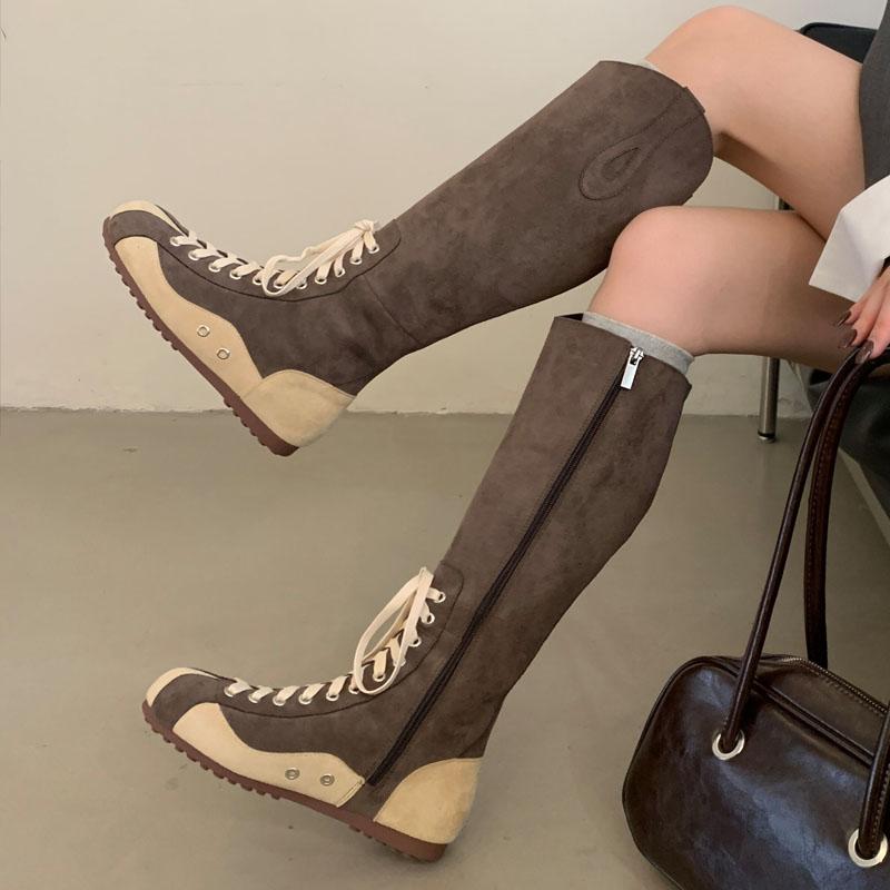 Fashion Eilyken Winter Designer Mixed Color Cross Lace-up Women Knee-High Boots Punk Style Round Toe Zipper Flat Heels Shoes