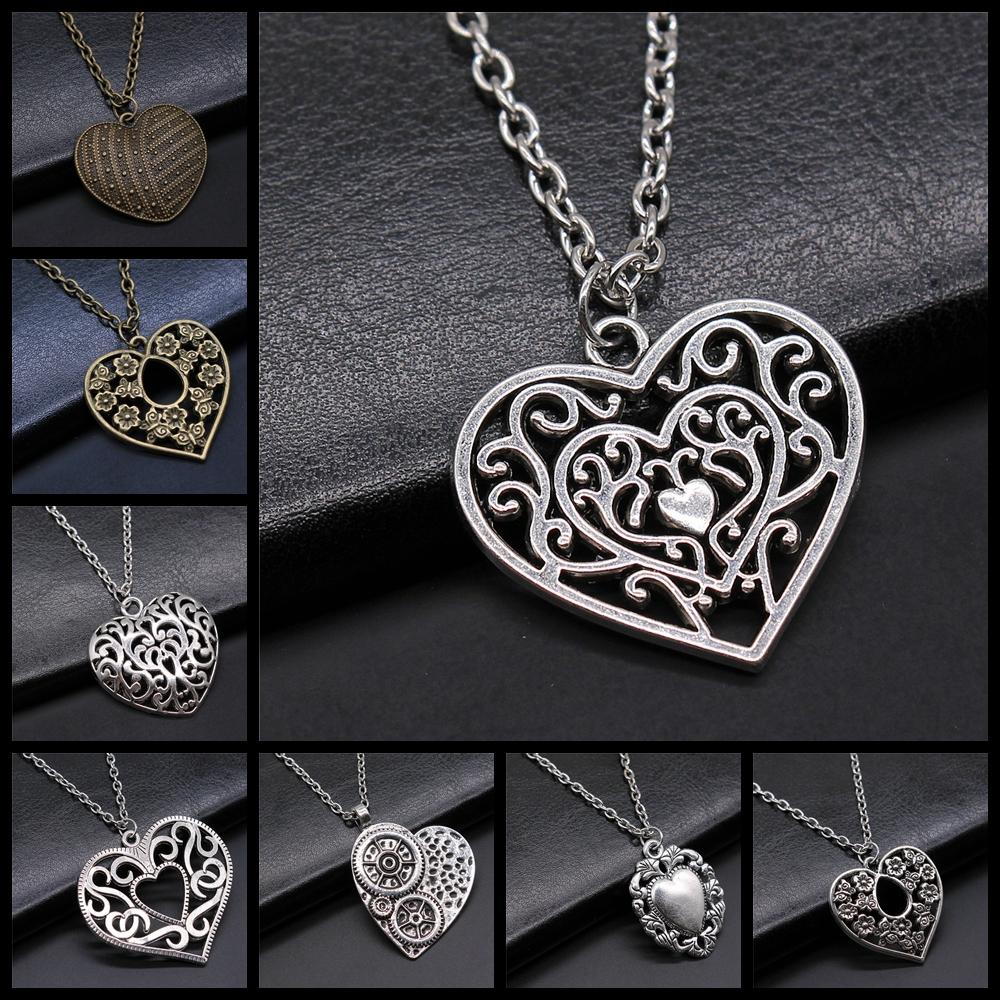 3D Hollow Heart Pendant Necklace Vintage Antique Silver Color Carved Heart Pendant Necklace For Women Long Metal Chain Necklace