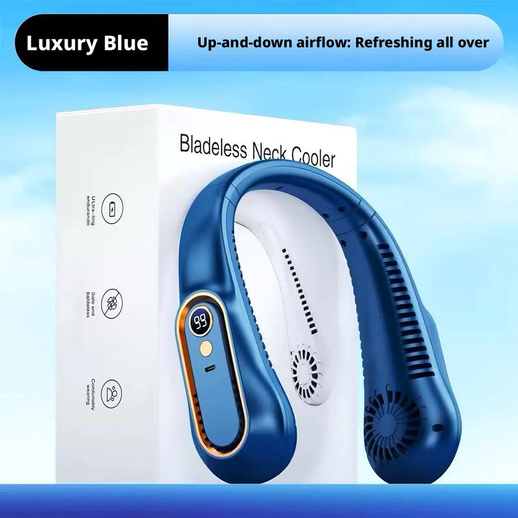 3-Color Optional Ice-Cooling Neck Fan Digital Display USB Rechargeable Bladeless Hanging Neck Fan for Summer Outdoor Use
