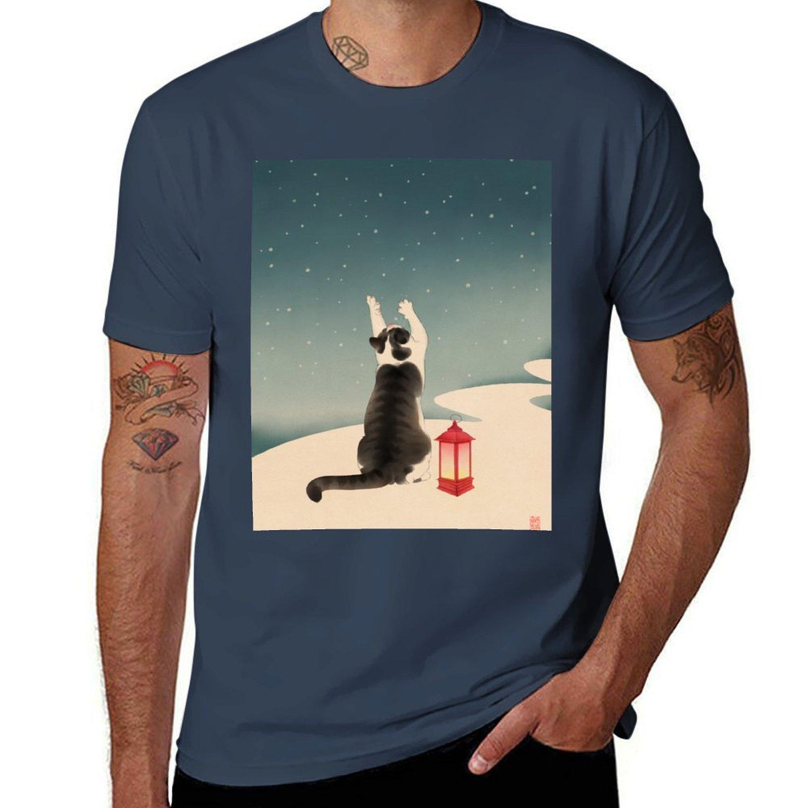

Футболка Cat Catching Snow Футболки для мужчин упаковка хлопок мужские графические футболки Футболка S