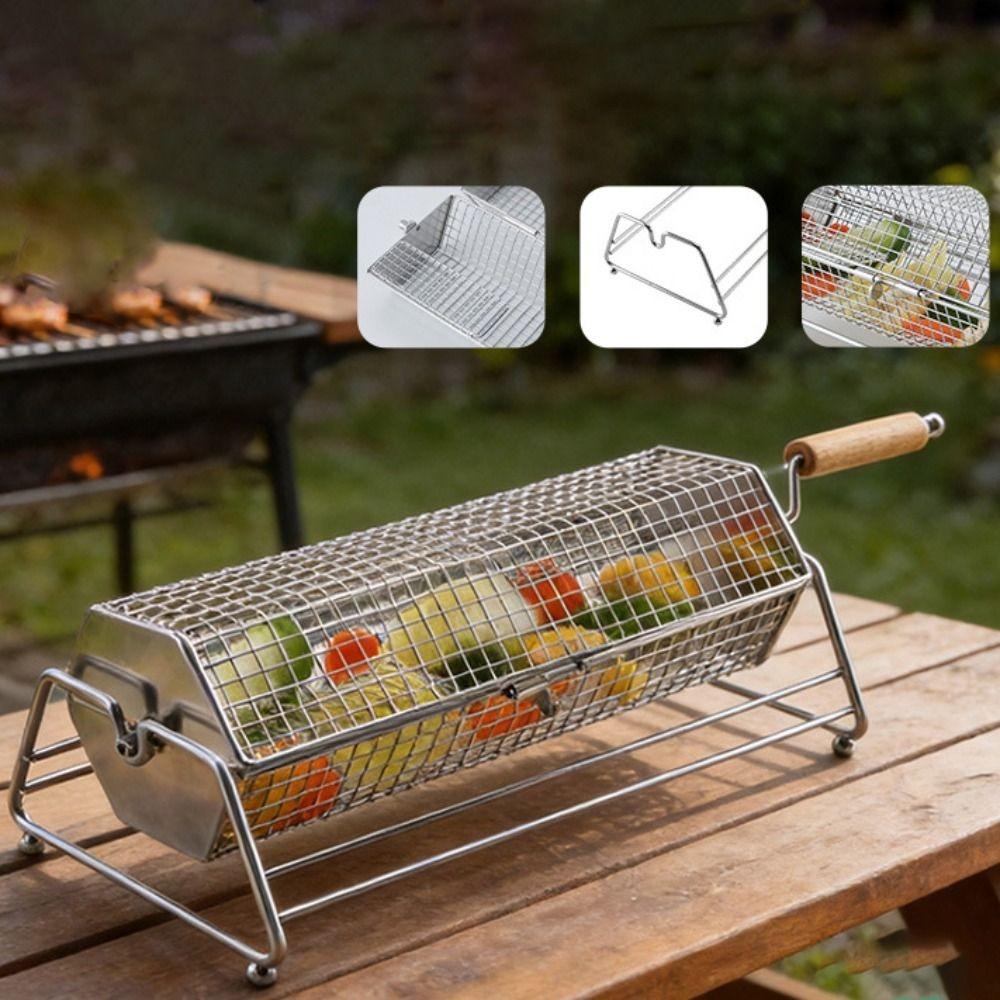 Stainless Steel Rolling BBQ Grill Mesh Basket Hexagonal Grill Rotisserie Basket  Outdoor