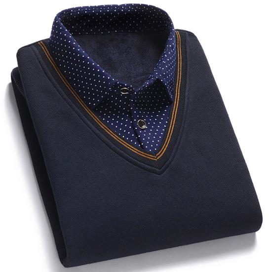 Men Sweater Fake Two-piece Grid Thicken Knitted Male Base Sweater for Daily Wear