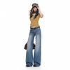 American retro washed old design wide-leg jeans women's autumn medium and low waist American loose straight pants
