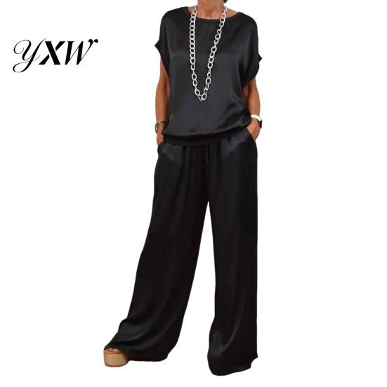 Women Satin Outfit 2 Pcs/Set Top Pants Set Round Neck Half Sleeves Blouse Elastic Waist Trousers Wide Leg with Pockets Daily Leisure Loose Solid Color