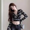 American retro printed Spice Girl v-neck showing chest high waist navel short top unique chic tight long-sleeved t-shirt women