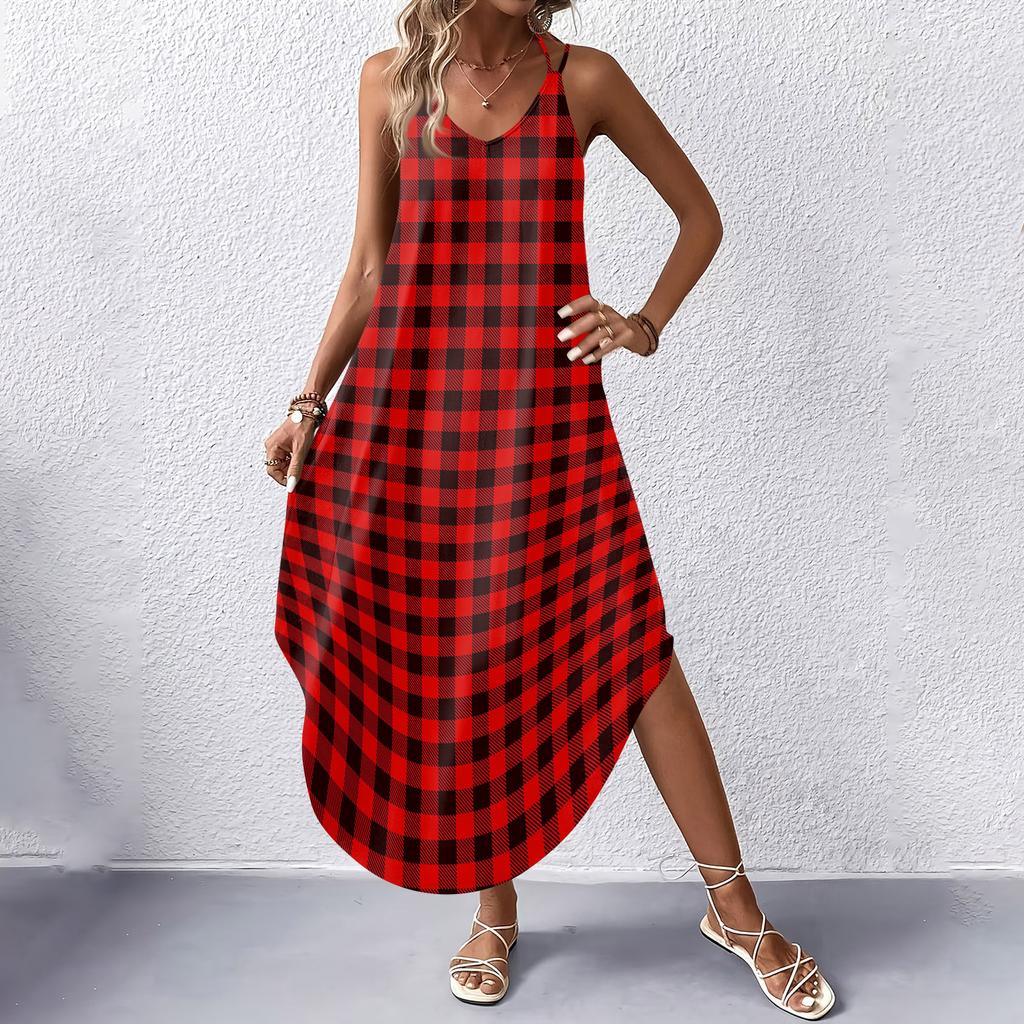 Women's Fashion Casual V-neck Sleeveless  Dresses Print Dresses Beach Long Dresses