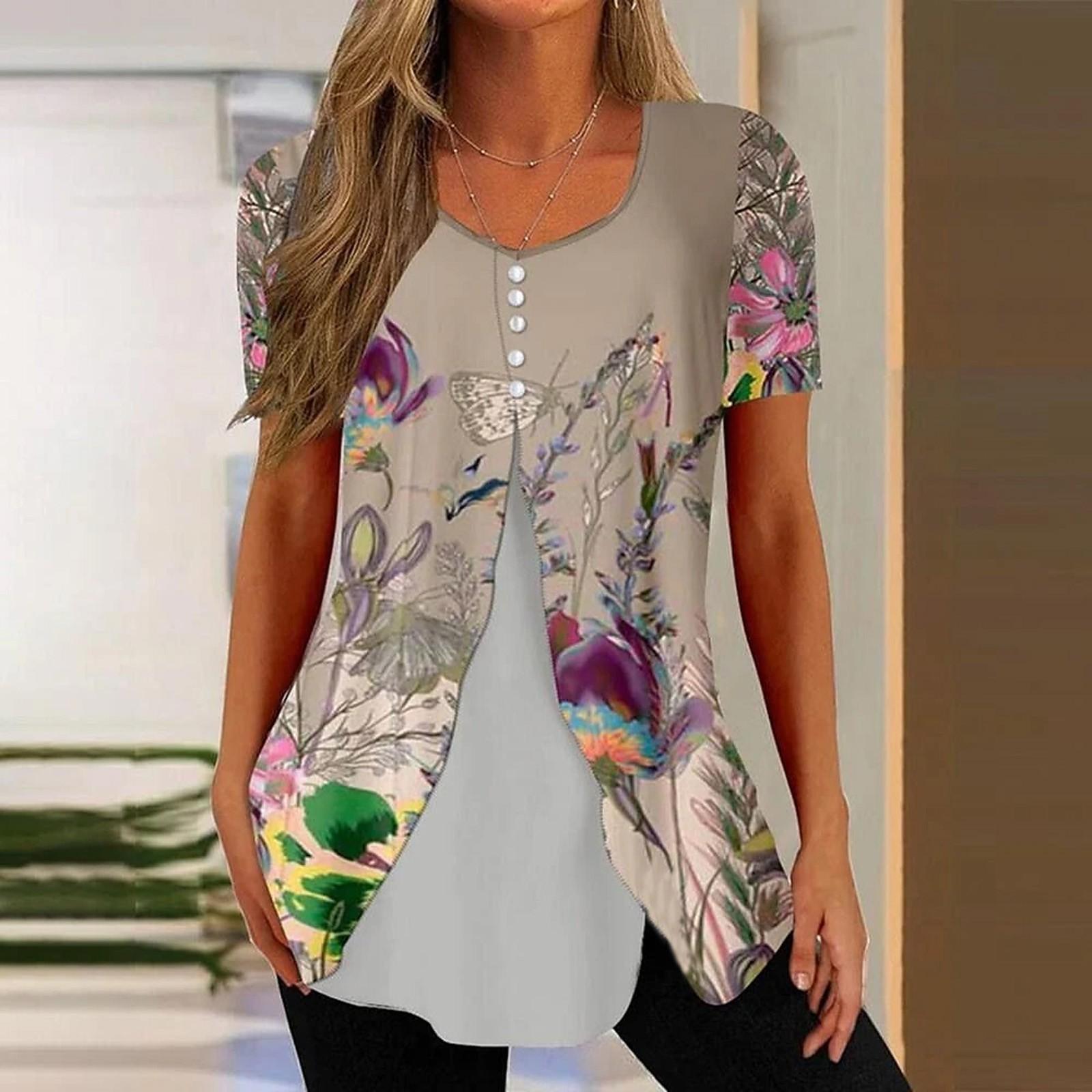 

Рубашки для женщин, топы с короткими рукавами, нарядные летние повседневные блузки с v-образным вырезом и нерегулярным подолом с принтом, футболки XXXL хаки