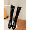 Cowhide~ Long Boots Women's Knee Boots Genuine Leather Long Boots Women's British Style Belt Buckle High Tube Thin Knight Boots