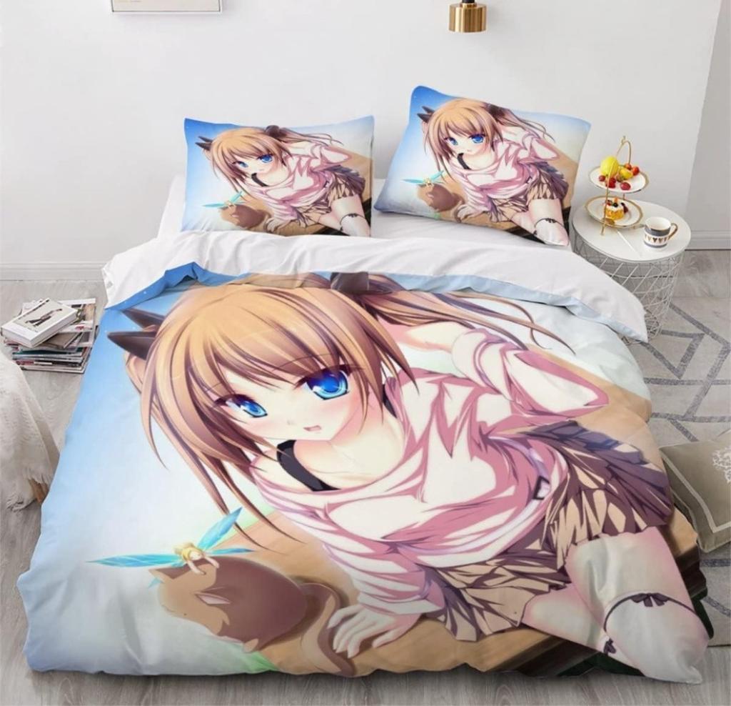 Anime Girl Cartoon Bed Linen Set 3-Piece 3D Print Anime Duvet Cover with Zip Microfibre Teenager Duvet Covers with 2 Pillowcases
