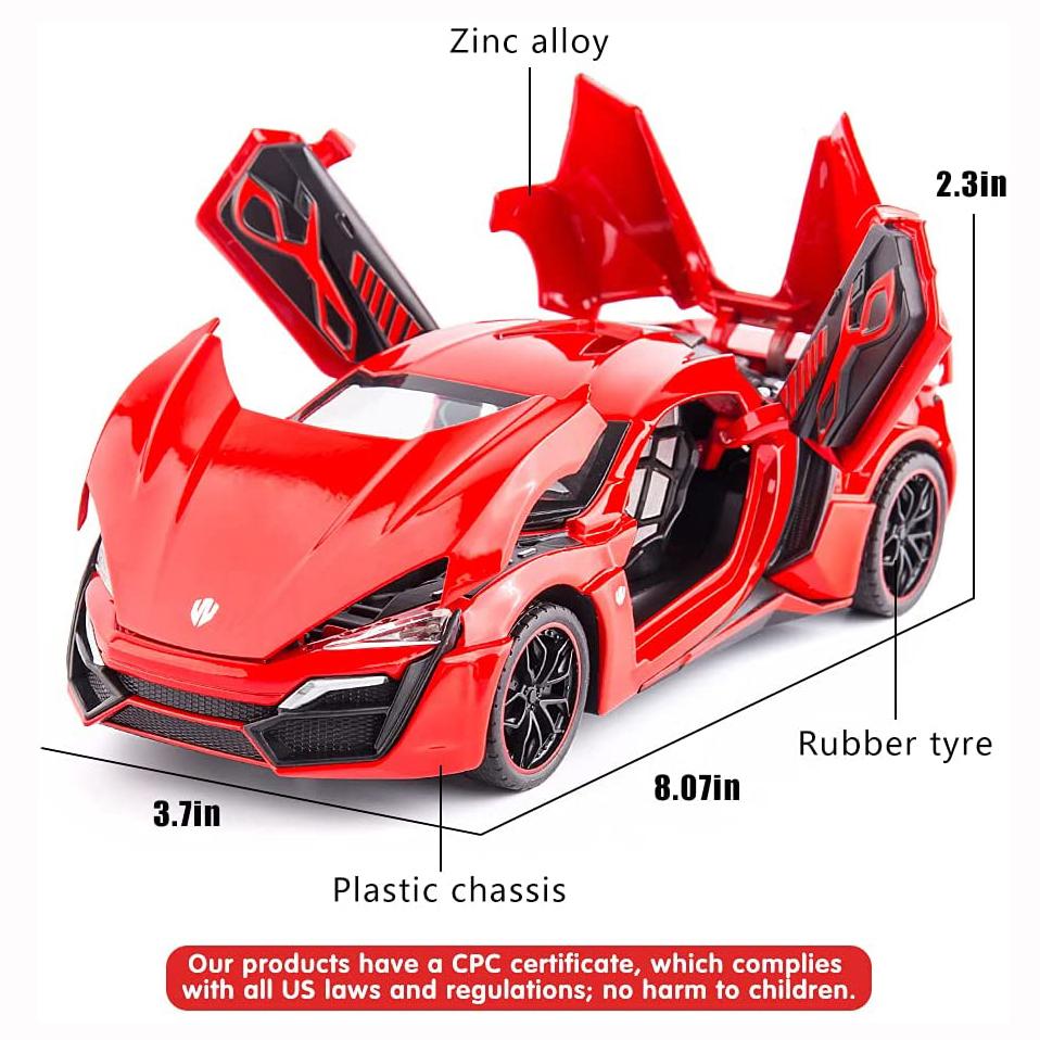 Supersportovní model Supersport Lykan v měřítku 1/24, stahovací auto ze zinkové slitiny se zvukem a světlem pro děti, chlapec, dívka dárek