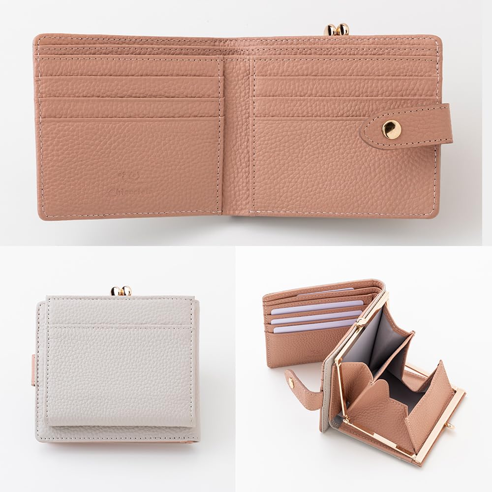 Chiocciola Women's Bifold Wallet, Genuine Leather, Compact Slim Wallet (Rose PinkGreige)