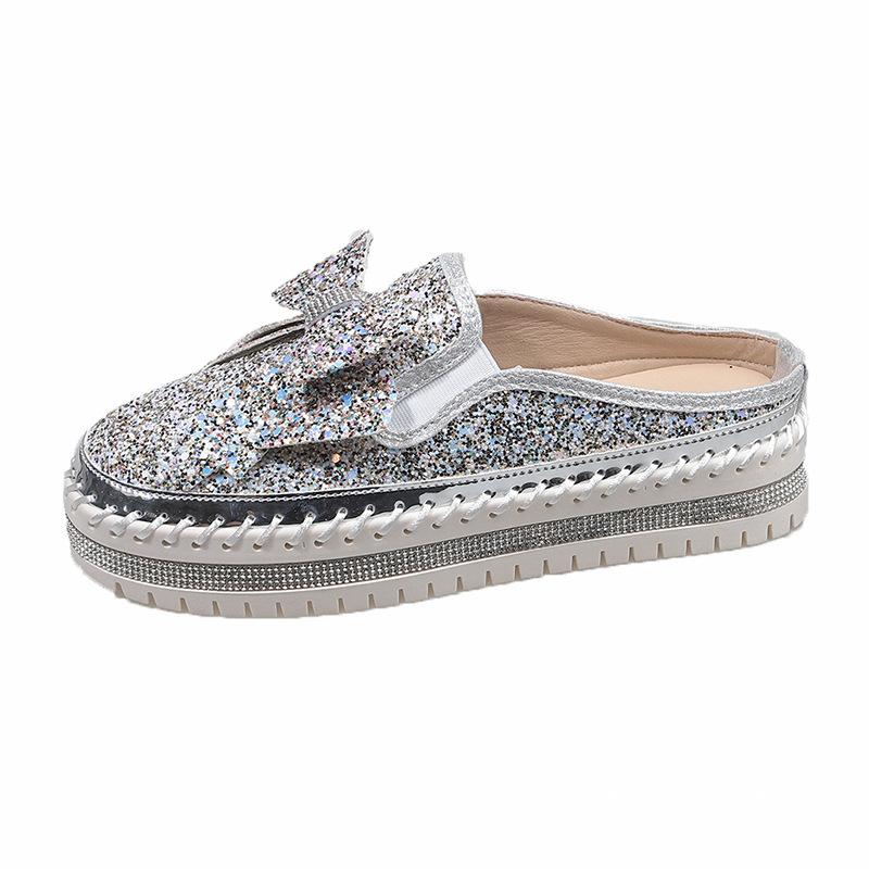 Large Size Casual Single Shoes Women's Spring New Flat Bottom Thick Bottom Round Head Bow Sequined Half Slippers Women