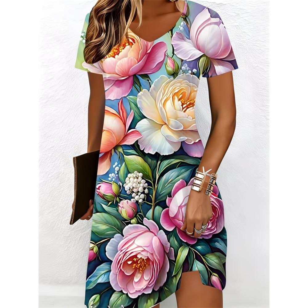 Women's V-neck Short Sleeved Casual Printed Dress 3D Colorful Printed Mini Beach Party Dress