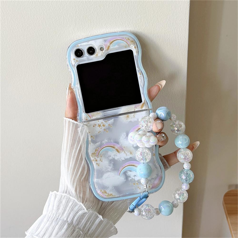 

Cute Cartoon Flower Bracelet Case for Samsung Galaxy Z Flip 5 4 3 6 Flip5 Zflip4 Beads Wrist Chain Wavy Painting Korea Cover for Samsung Z Flip 6