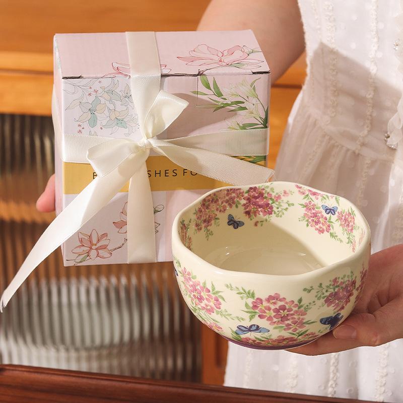 Retro Crape Myrtle Flower Ceramic Tableware Set High Value Dish Set Household Vegetable Plate Soup Plate Rice Bowl Soup Gift