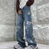 Erkek Moda Baskılı Kot Çiçek Desenli Kot Paspas Pantolon Kore Tarzı Sokak Bol Hip Hop Geniş Paça Kot Pantolon
