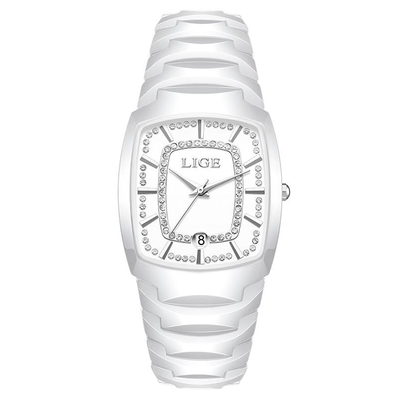 LIGE Luxury Square Watches for Woman Fashion Elegant Ceramic Strap Calendar Waterproof Classic Quartz Wristwatch Ladies Clock