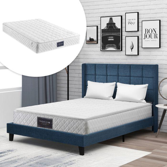 Lit - 140x200 cm - Tête de lit rembourrée - Bleu en lin - Matelas à ressorts inclus