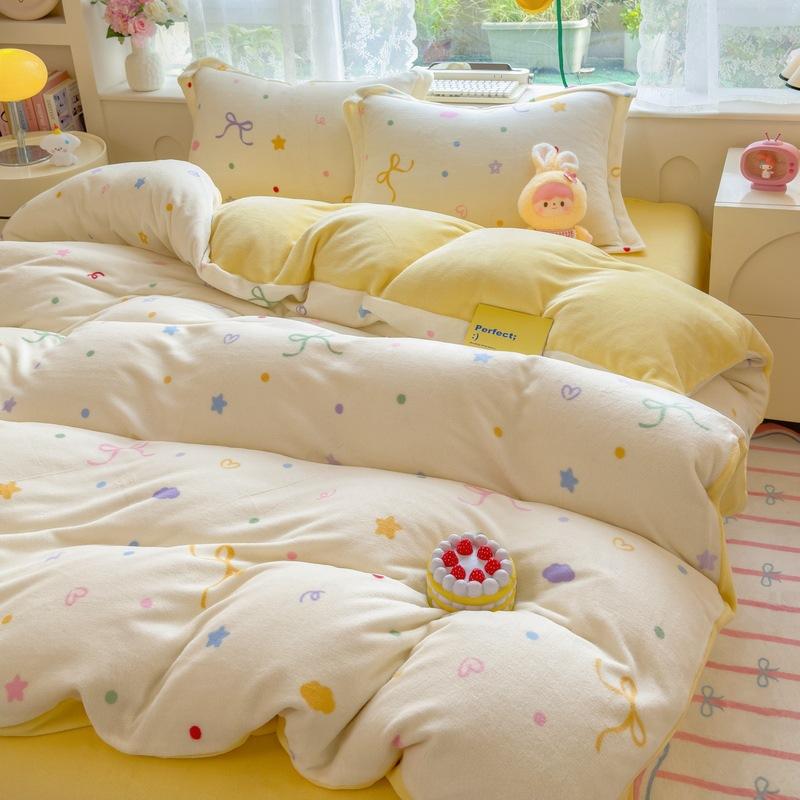 Thickened Milk Fleece Four-Piece Set, Coral Flange Double-Sided Fleece Quilt Cover, Bed Sheet, Bed Hat Three-Piece Set