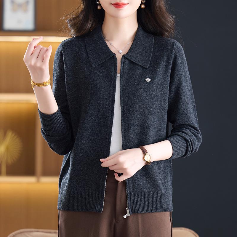 Women's Double Zipper Lapel Knit Cardigan - Spring Loose Fit Age-Reducing Sweater Jacket
